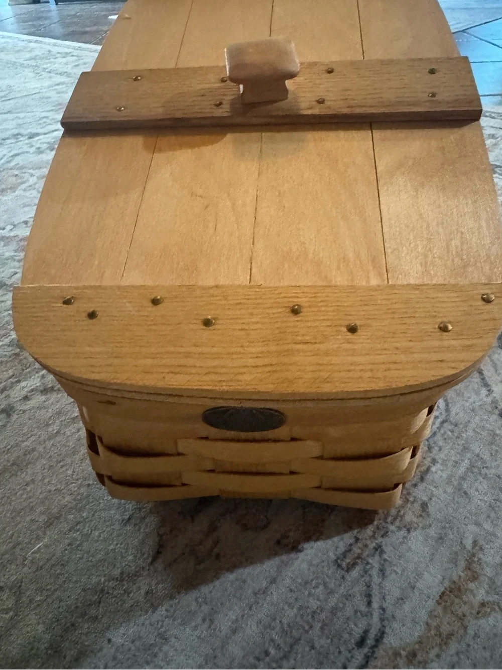 Handwoven Tan Wood Storage Basket with Hinged Lid